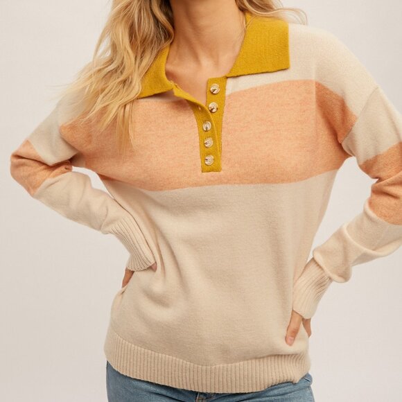 HEM & THREAD Colorblock Collared Sweater with Button Placket - Picture 1 of 6